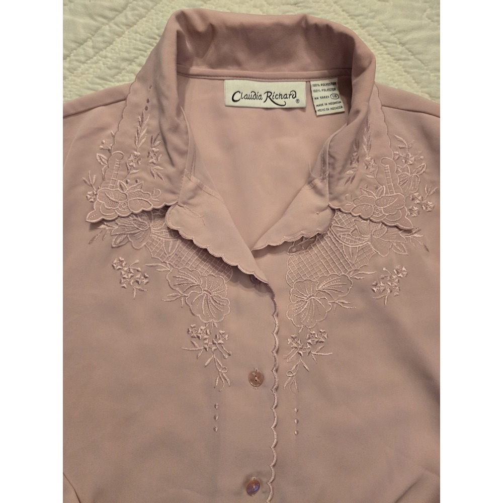 Vintage Claudia Richard Woman Sz 14 Pink 80s 90s Long Sleeve Embroidered Shirt